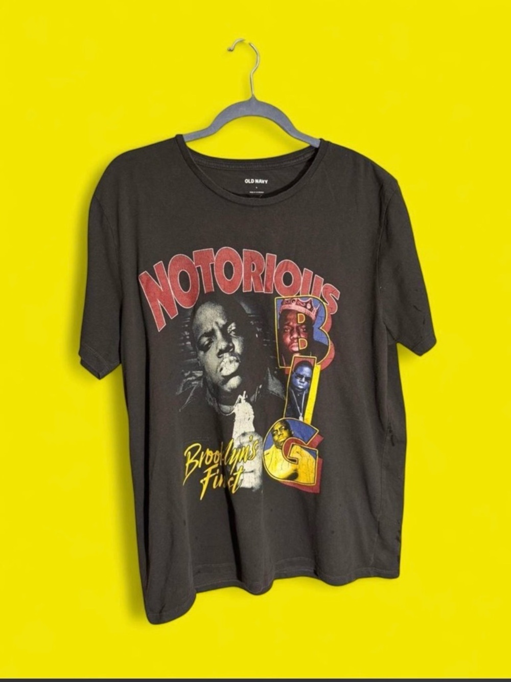 Old Navy Black Notorious B.I.G. Graphic Tee with Red & Yellow Print